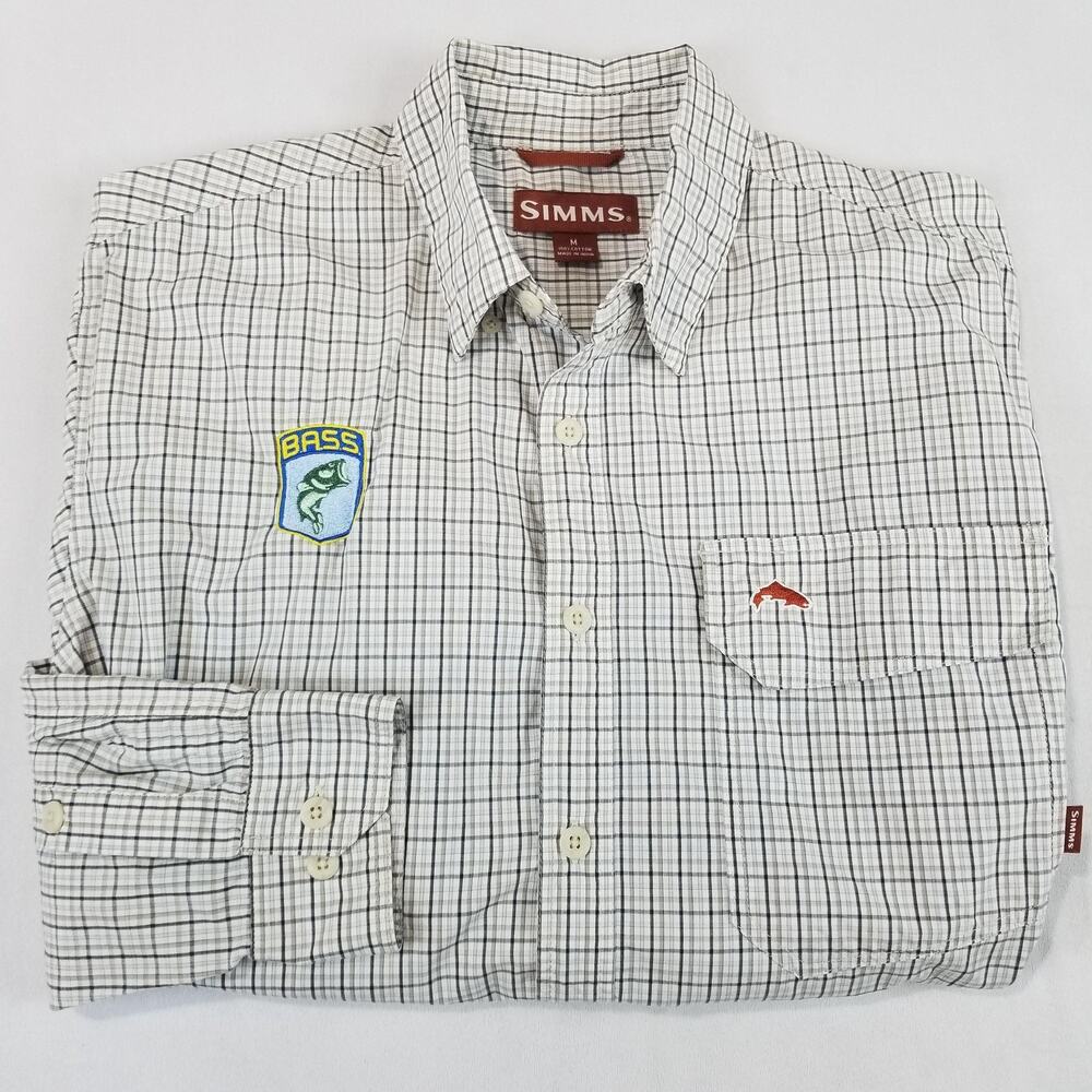 Simms Shirt Mens Medium Beige Plaid Long Sleeve Fishing BASS Patch Button Up